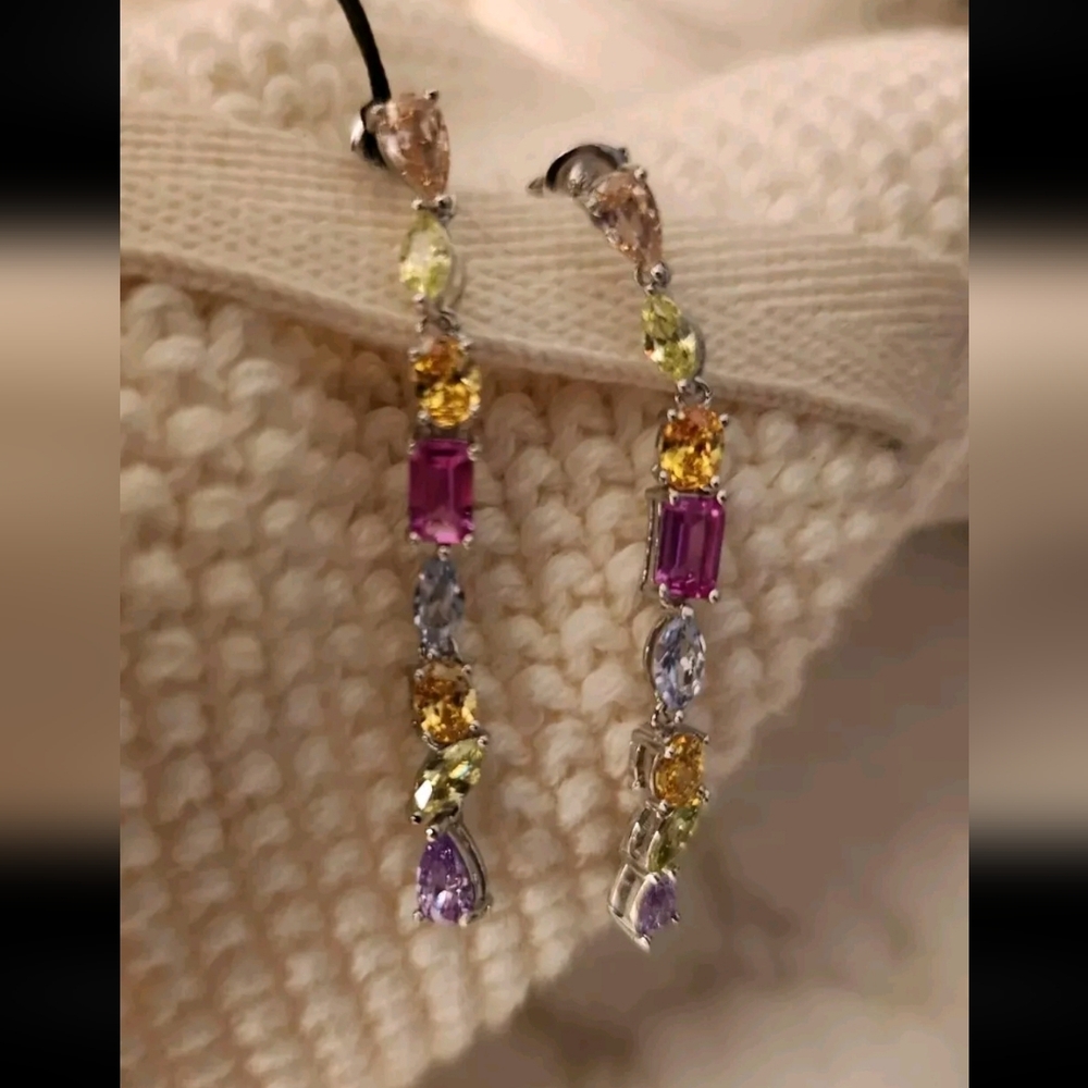 Cz Sterling Silver Multicolor Stone Earings  Masterpiece.  NEW .